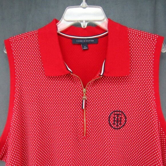 Tommy Hilfiger Red White Polka Dot Sleeveless Polo Shirt Top 1/4 Zip Size L - Picture 2 of 9